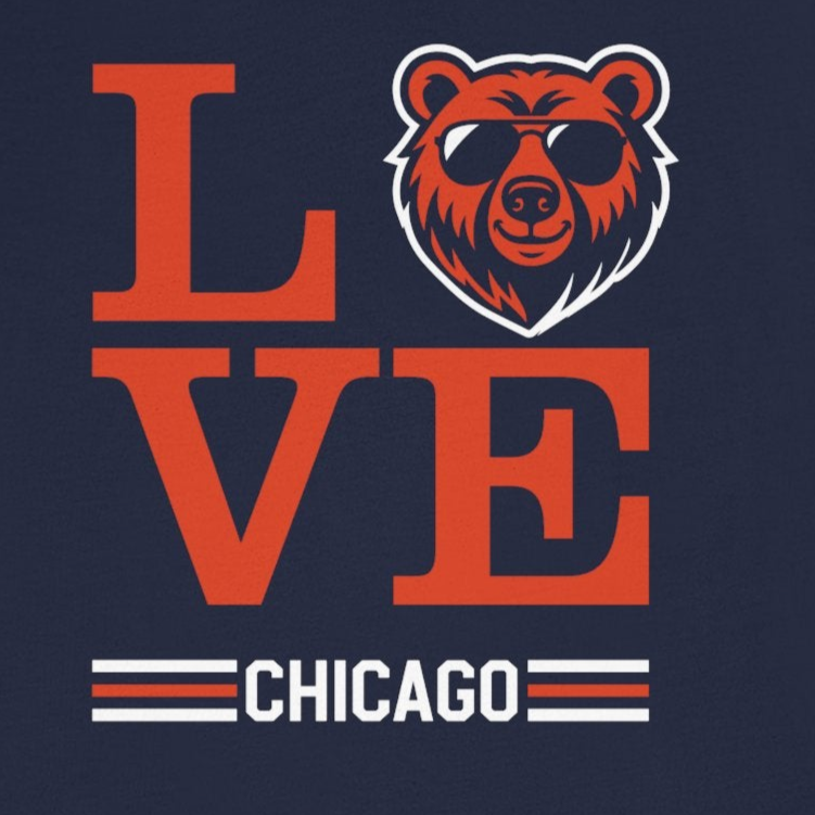 Navy blue t-shirt with orange 'LOVE' and bear graphic on a white background