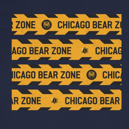 Navy blue t-shirt with yellow 'Chicago Bear Zone' text design on a white background