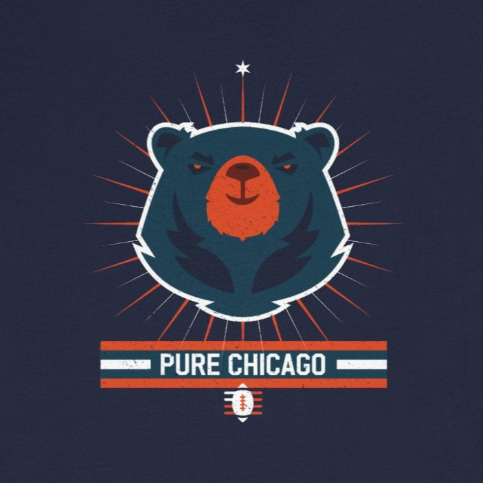 Navy blue t-shirt with a bear graphic and 'Pure Chicago' text on a white background