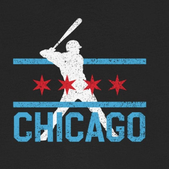 Black t-shirt with a graphic of a baseball player and 'Chicago' text on a white background