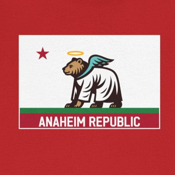 Red t-shirt with a graphic design on a white background