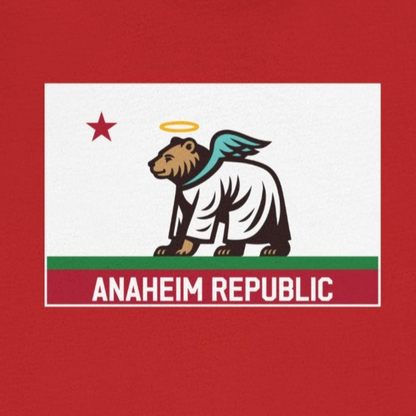 Red t-shirt with a graphic design on a white background