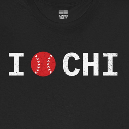Black t-shirt with 'I ❤️ CHI' design on a white background