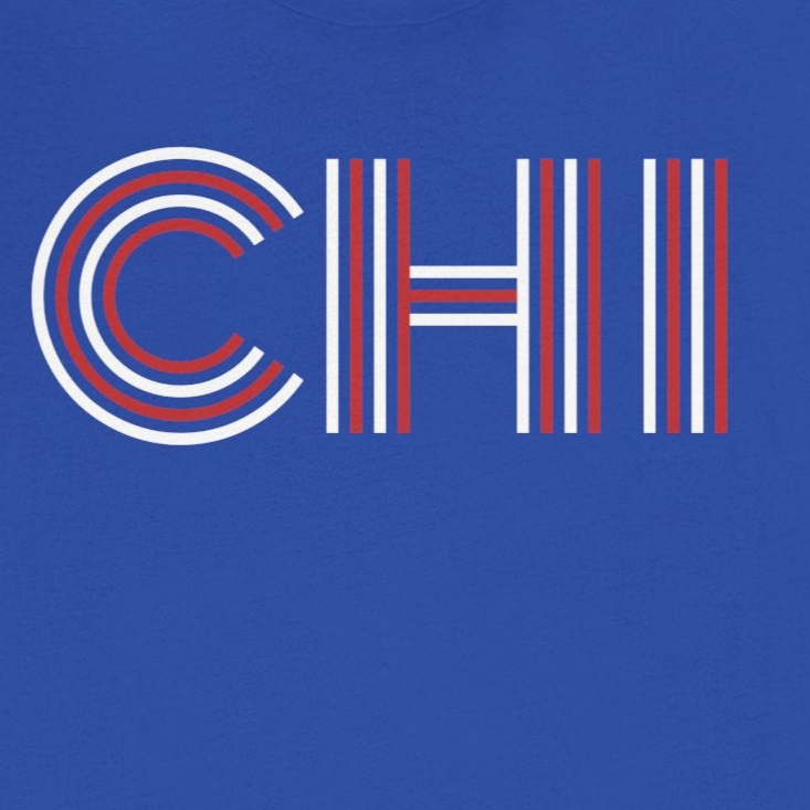 Blue t-shirt with 'CHI' design on a white background