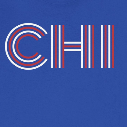Blue t-shirt with 'CHI' design on a white background