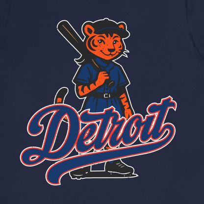 Navy blue t-shirt with a tiger holding a baseball bat and the word 'Detroit' on a white background