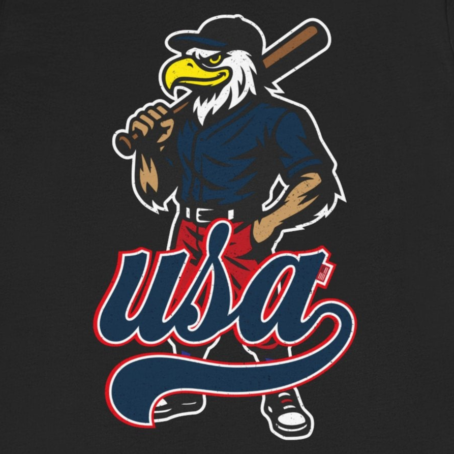 Black t-shirt with an eagle holding a baseball bat and 'USA' text on a white background