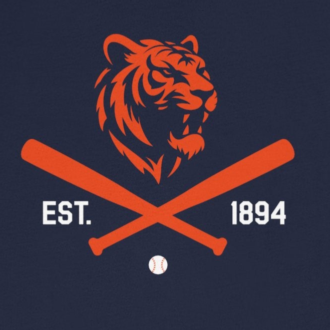 Navy blue t-shirt with orange tiger design and text on a white background