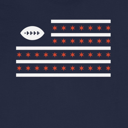 Navy blue t-shirt with a graphic design on a white background