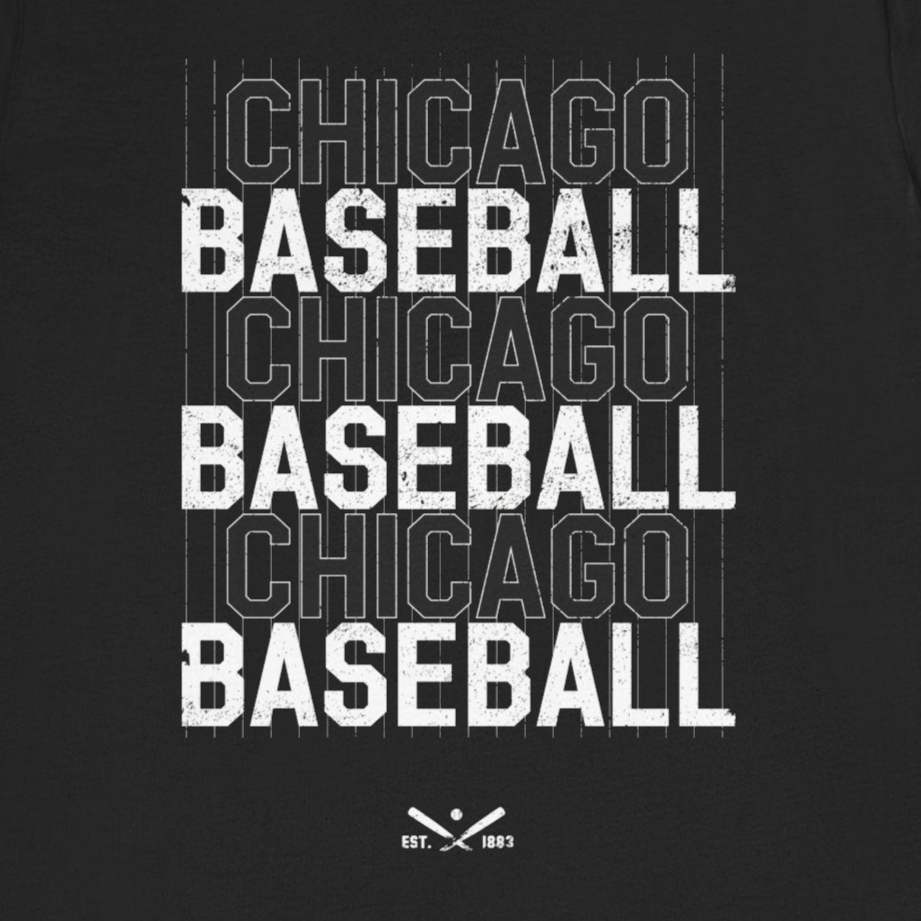 Black t-shirt with 'Chicago Baseball' text on a white background