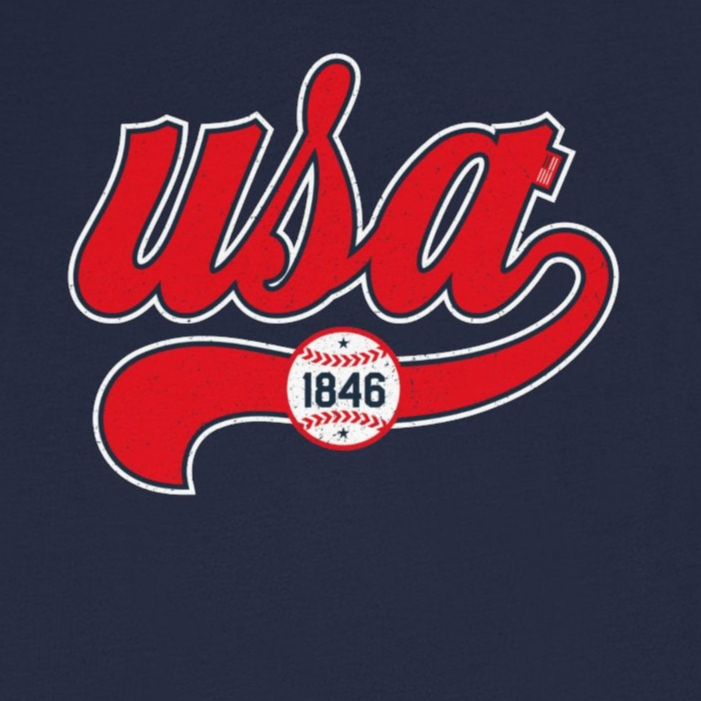 Navy blue t-shirt with red and white 'USA' design on a white background