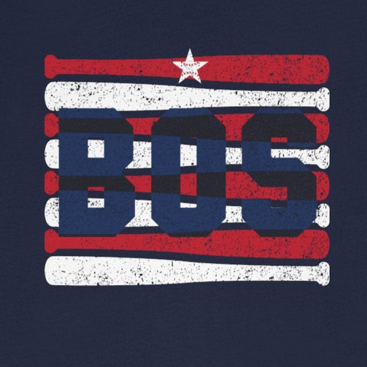 Navy blue t-shirt with a red, white, and blue graphic design on a white background