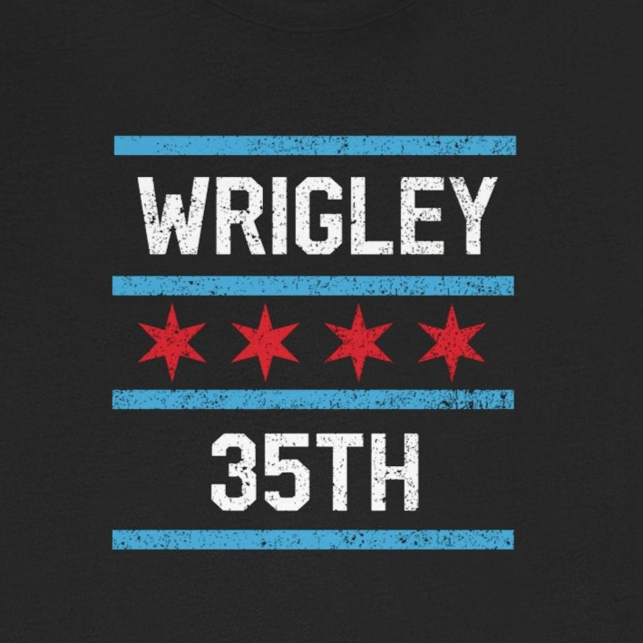 Black t-shirt with 'Wrigley 35th' design on a white background