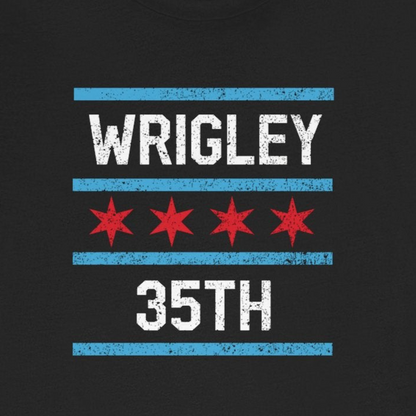 Black t-shirt with 'Wrigley 35th' design on a white background