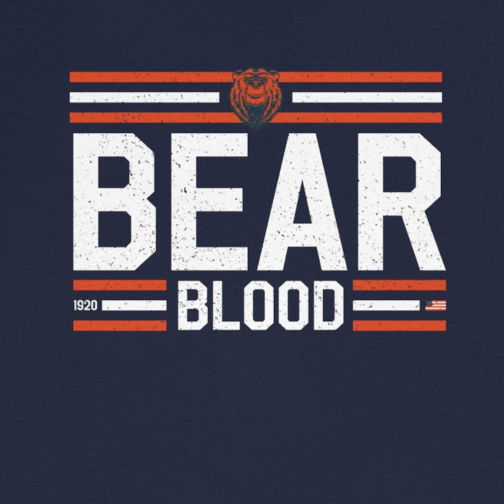 Navy blue t-shirt with 'Bear Blood' text design on a white background