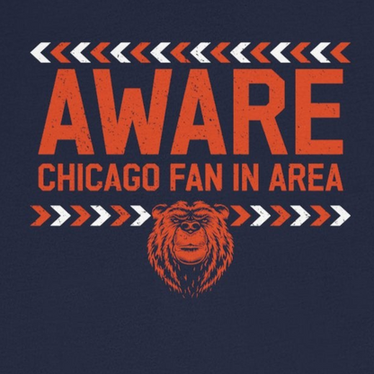 Navy blue t-shirt with 'Aware Chicago Fan in Area' text and logo on a white background