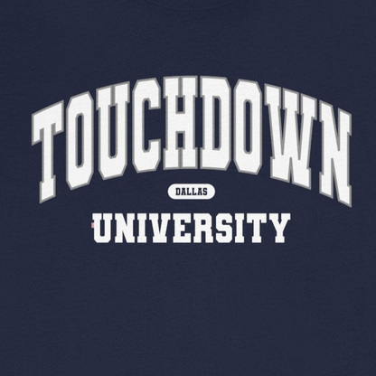 Navy blue t-shirt with 'TOUCHDOWN UNIVERSITY' text on a white background