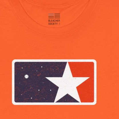 Orange t-shirt with a star logo on a white background