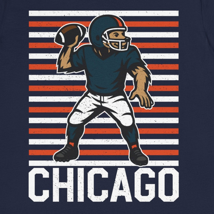 Navy blue t-shirt with a football player graphic and 'Chicago' text on a white background