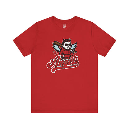 Red t-shirt with a graphic design of a character holding a baseball bat and the word 'Angels' on a white background.