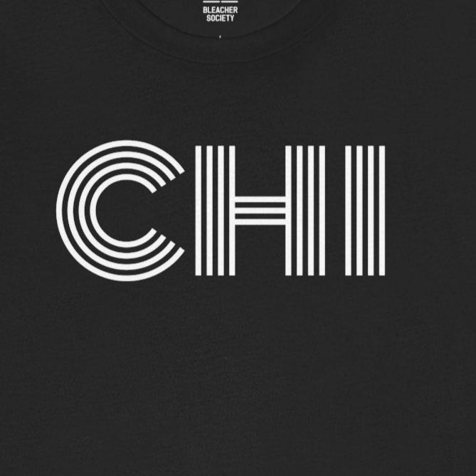 Black t-shirt with 'CHI' graphic on a white background