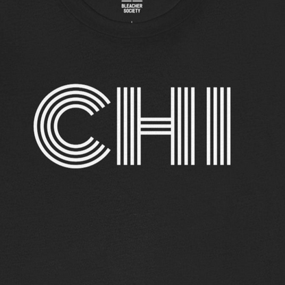 Black t-shirt with 'CHI' graphic on a white background