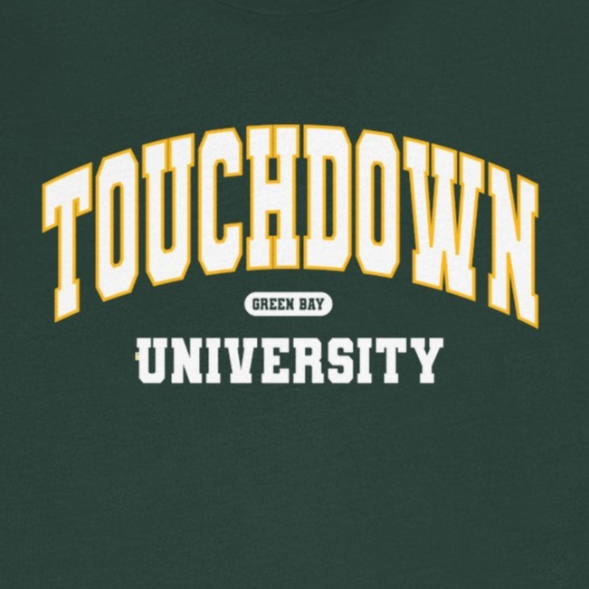 Green t-shirt with 'Touchdown University' text on a white background