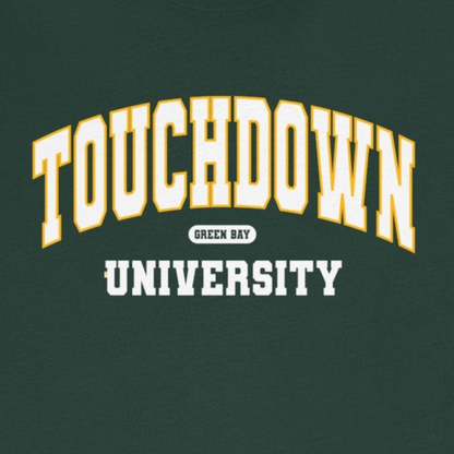Green t-shirt with 'Touchdown University' text on a white background
