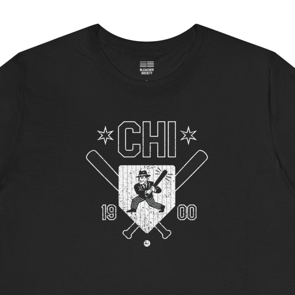 Black t-shirt with white graphic design on a white background