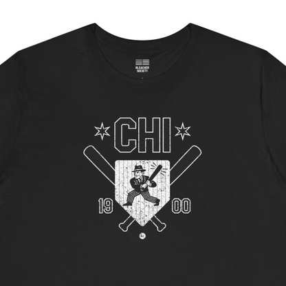 Black t-shirt with white graphic design on a white background