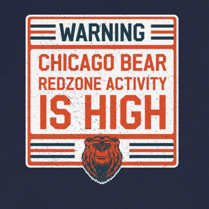 Navy blue t-shirt with a warning-style graphic and Chicago Bear logo on a white background
