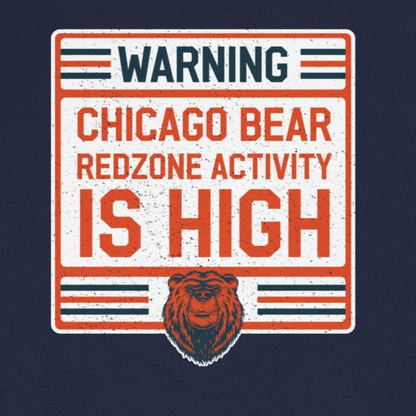Navy blue t-shirt with a warning-style graphic and Chicago Bear logo on a white background