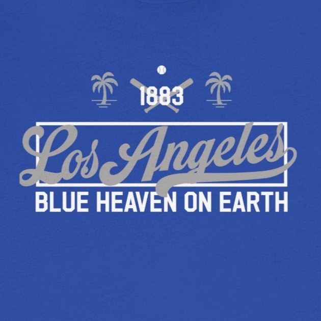 Blue t-shirt with 'Los Angeles Blue Heaven on Earth' text and palm tree design on a white background