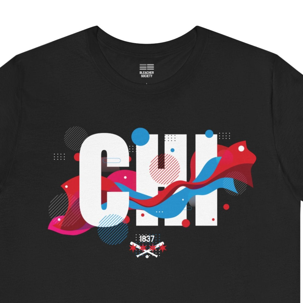 Black t-shirt with colorful graphic design on a white background