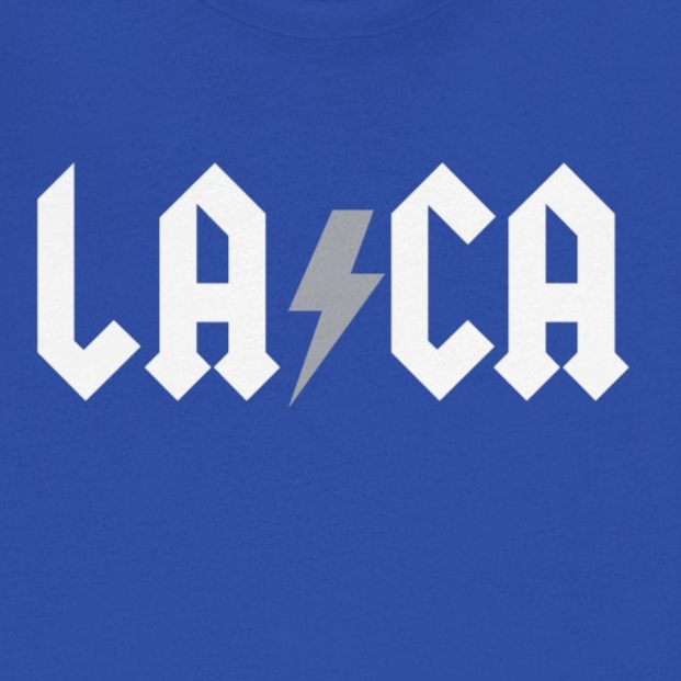 Blue t-shirt with 'LA CA' text design on a white background