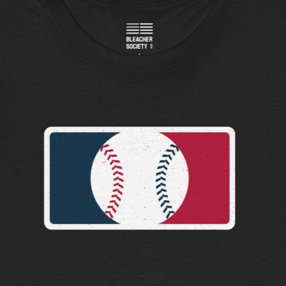 Black t-shirt with a logo on the chest against a white background