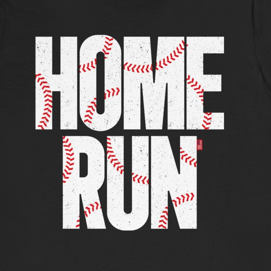 Black t-shirt with 'HOME RUN' text and baseball design on a white background