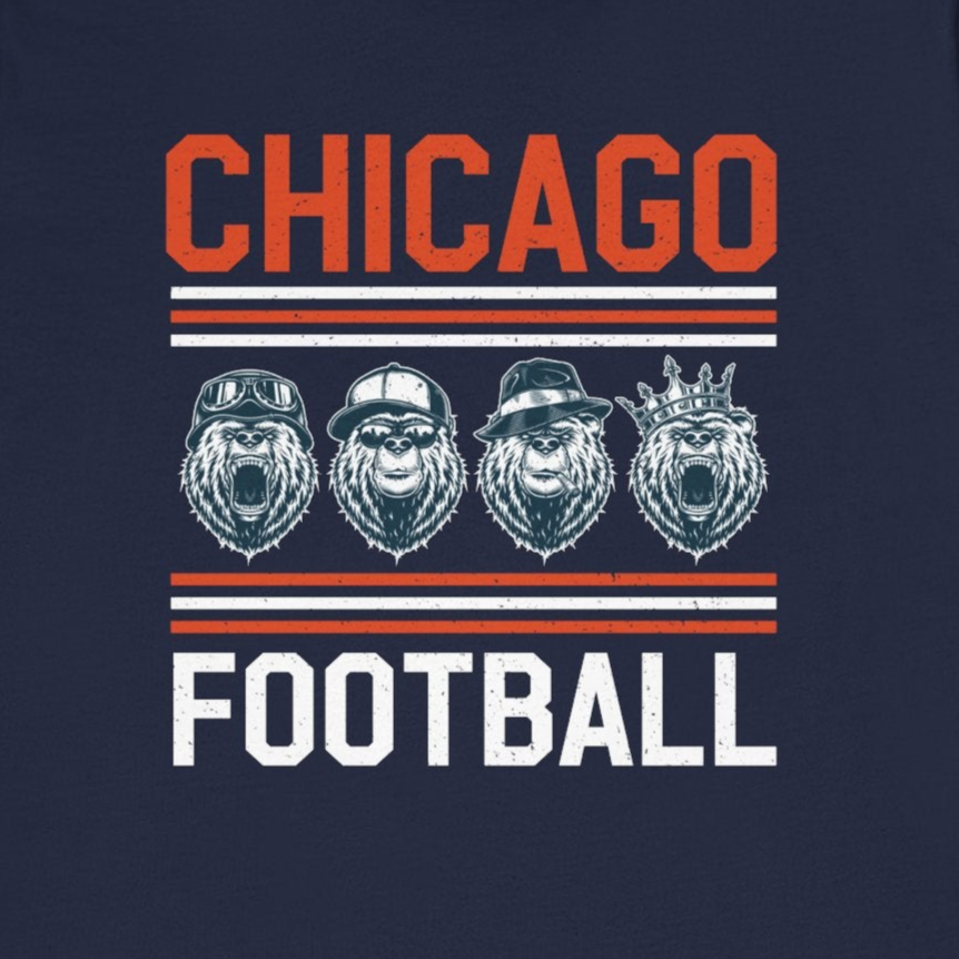 Navy blue t-shirt with 'Chicago Football' text and logos on a white background