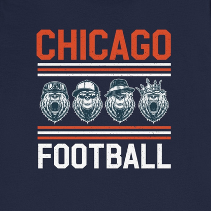 Navy blue t-shirt with 'Chicago Football' text and logos on a white background