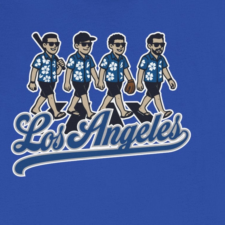 Blue t-shirt with graphic design and 'Los Angeles' text on a white background