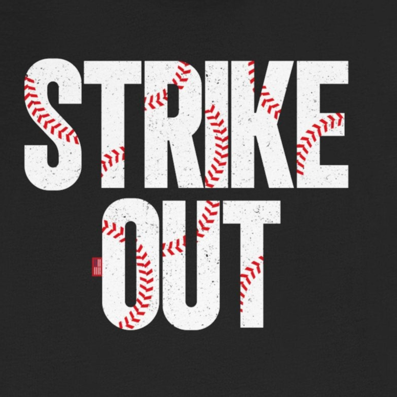 Black t-shirt with 'Strike Out' text and baseball design on a white background