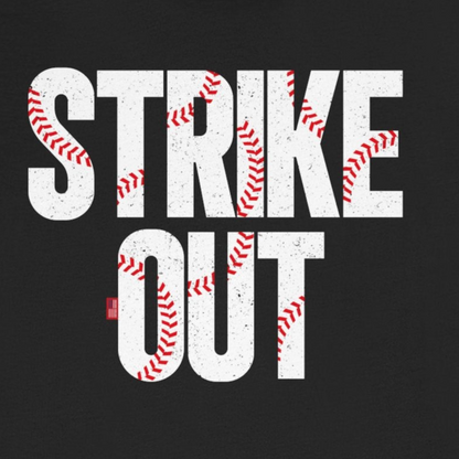 Black t-shirt with 'Strike Out' text and baseball design on a white background
