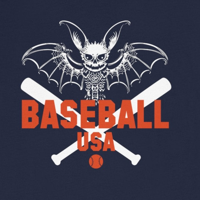 Navy blue t-shirt with a bat and baseball design on a white background