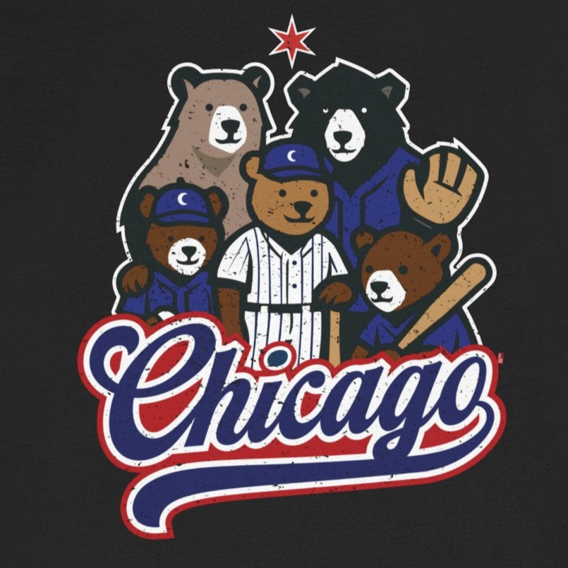 Black t-shirt with Chicago-themed bear graphics on a white background