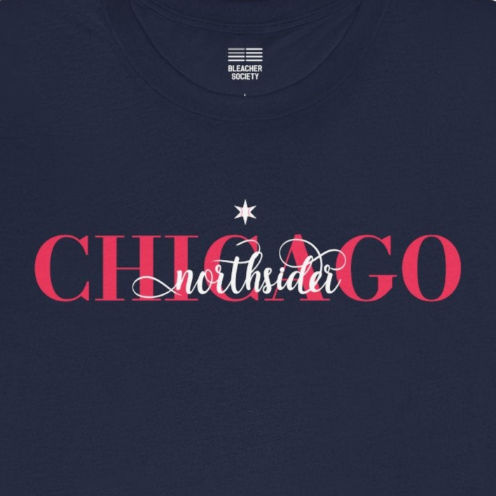 Navy blue t-shirt with 'Chicago' printed in red on a white background
