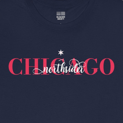 Navy blue t-shirt with 'Chicago' printed in red on a white background