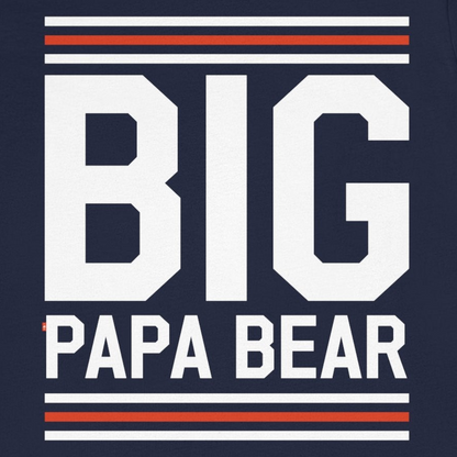 Navy blue t-shirt with 'BIG PAPA BEAR' text on a white background