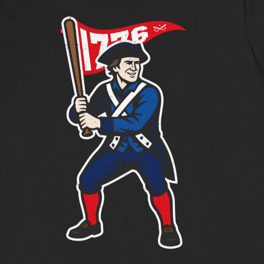 Black t-shirt with a graphic of a character holding a flag and bat on a white background