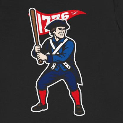Black t-shirt with a graphic of a character holding a flag and bat on a white background