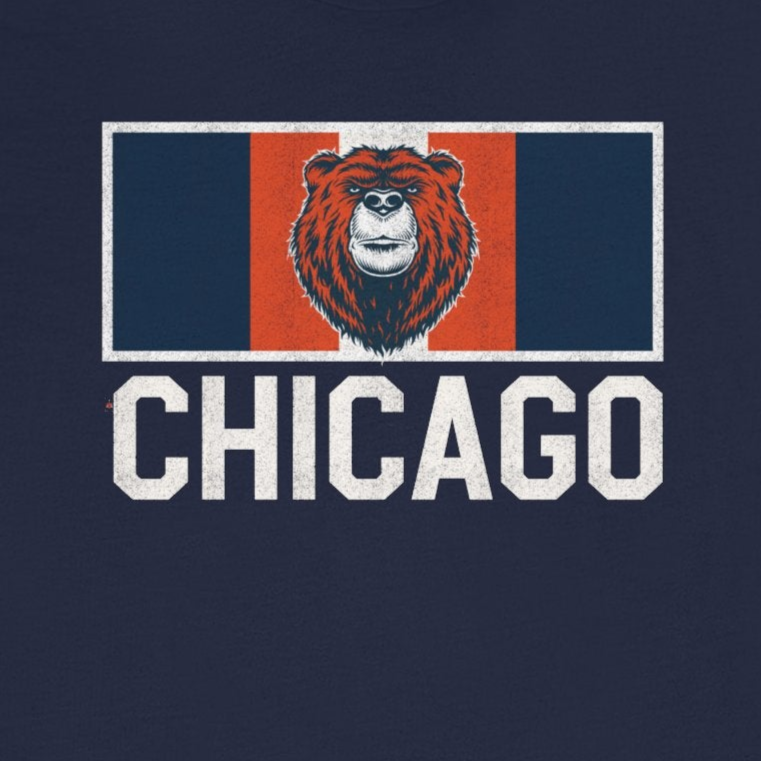 Navy blue t-shirt with a graphic of a bear and 'Chicago' text on a white background